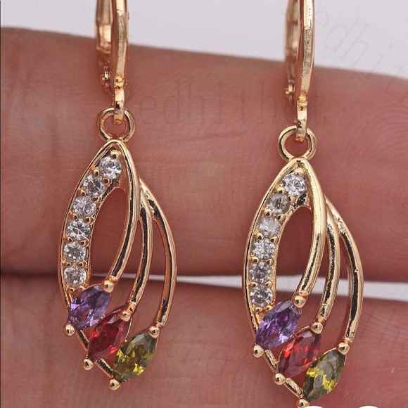 Jewelry - 18k Yellow Gold Filled Gemstones Hollow Dangle Earrings